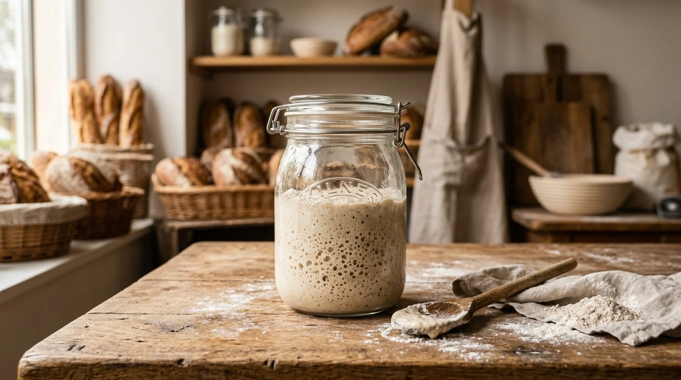 Bocal en verre contenant un levain naturel actif avec bulles de fermentation visibles