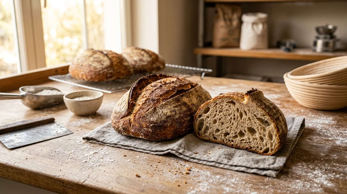 Pain au levain maison entier posé sur un torchon en lin avec mie alvéolée visible