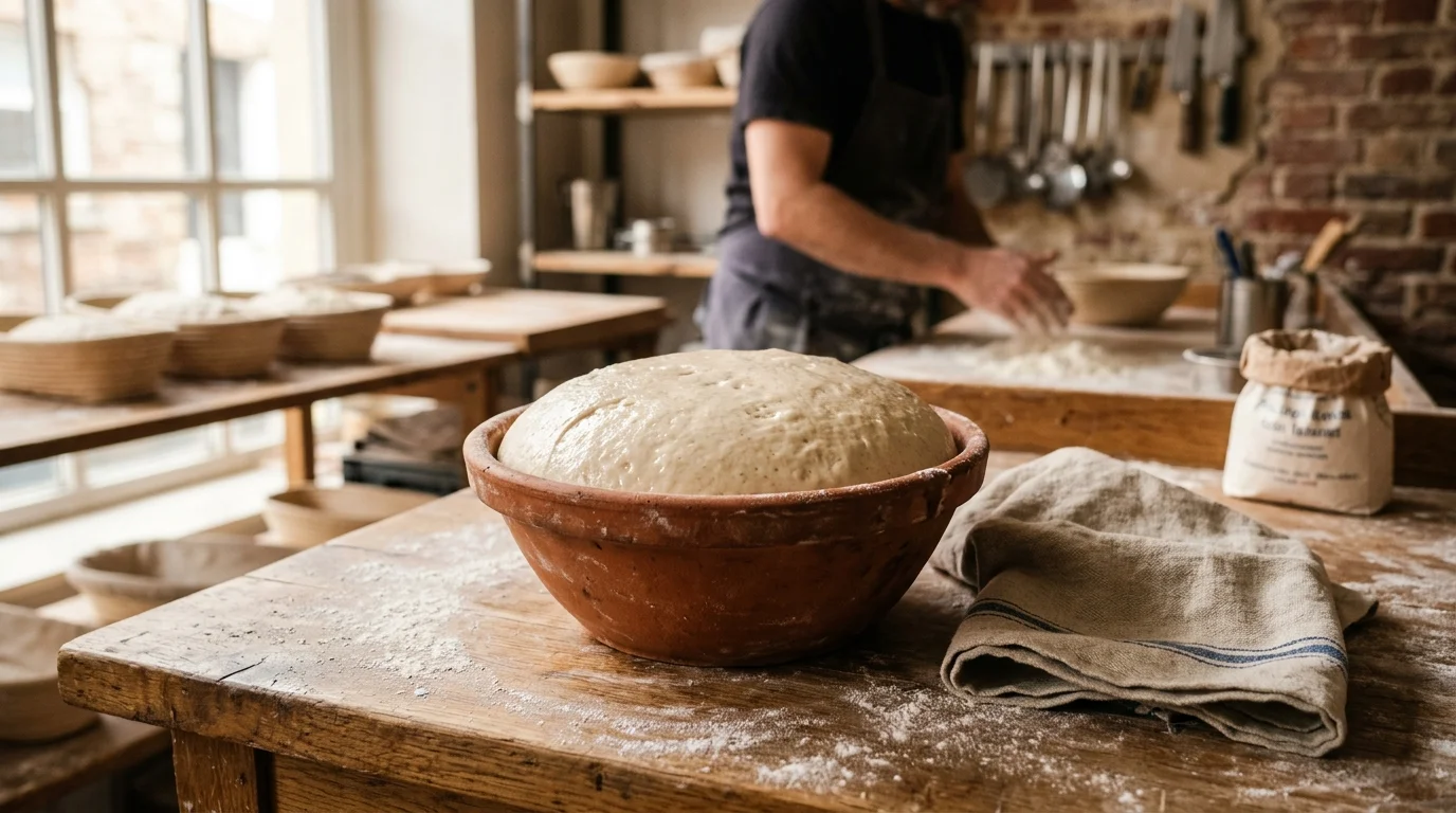 Pâte à pain au levain dans un bol en terre cuite pendant la phase de pointage