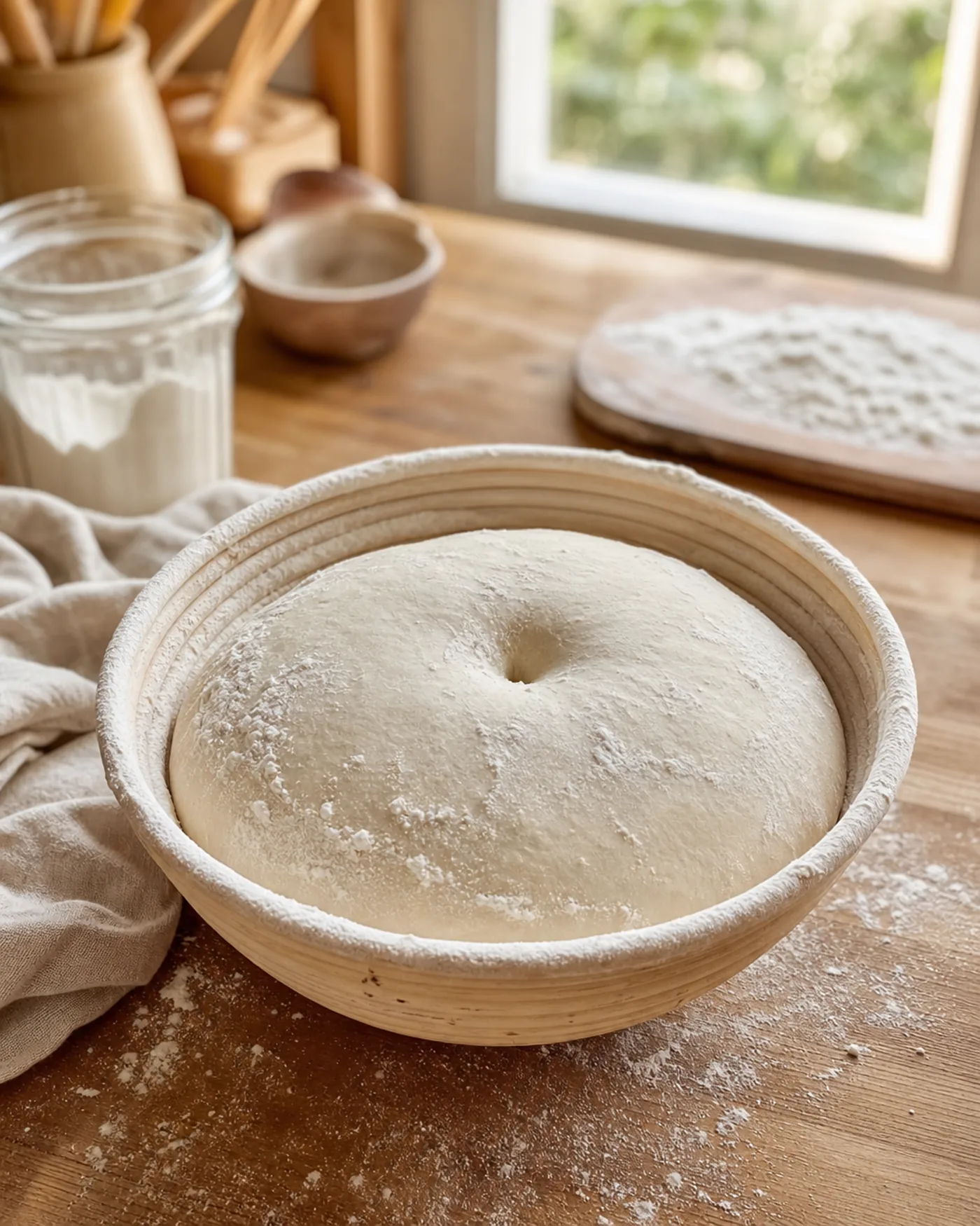 Pâton de pain en apprêt dans un banneton fariné avec une empreinte légère du test du doigt.