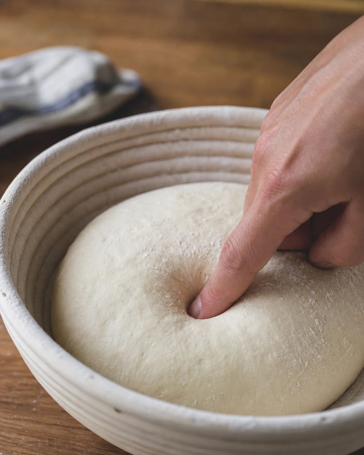 Main qui presse doucement un pâton de pain pour vérifier l’apprêt avant cuisson.