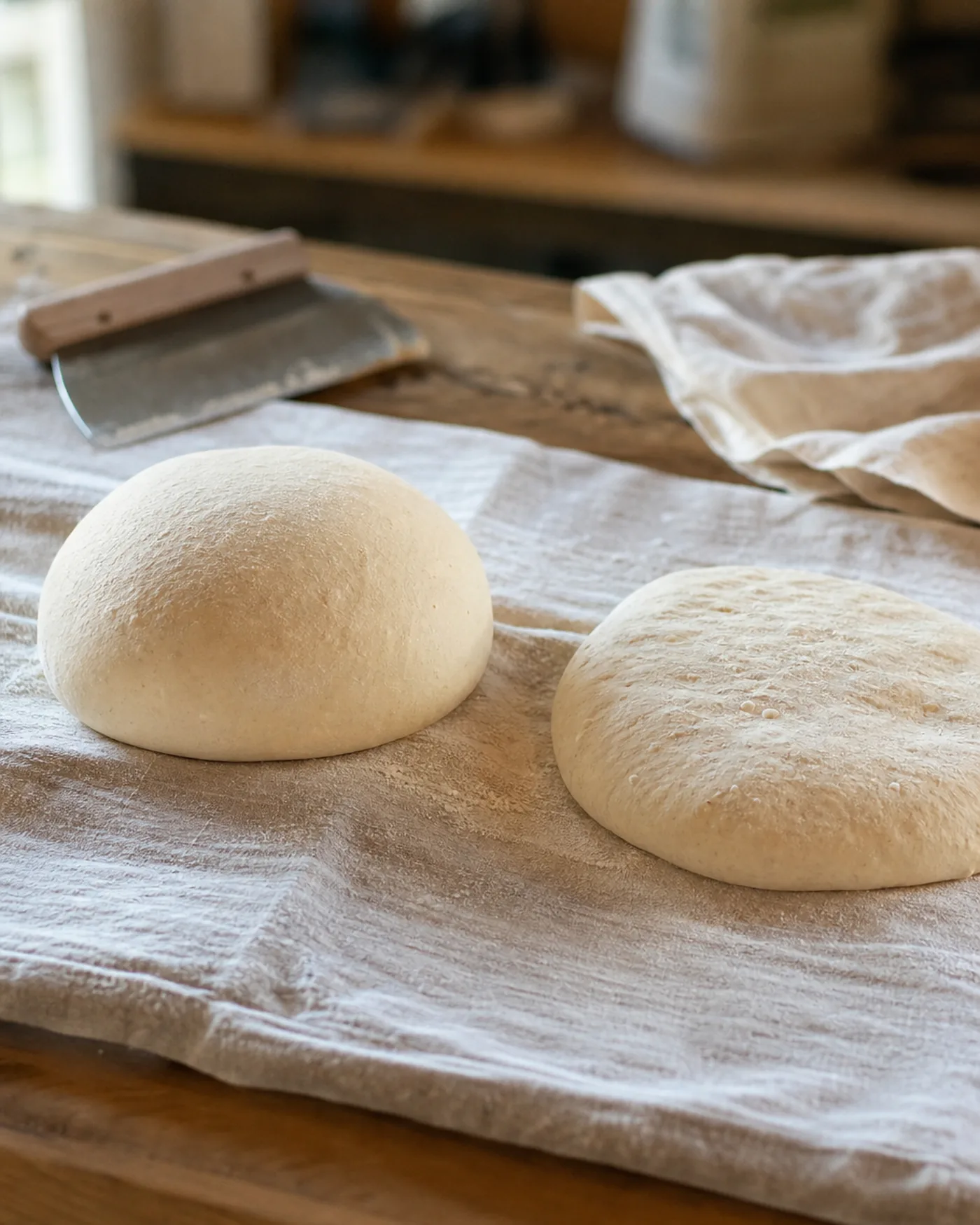 Deux pâtons de pain maison montrant des niveaux d’apprêt différents avant enfournement.