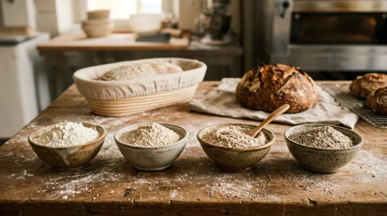 Bols de farines différentes sur un plan de travail de boulangerie maison