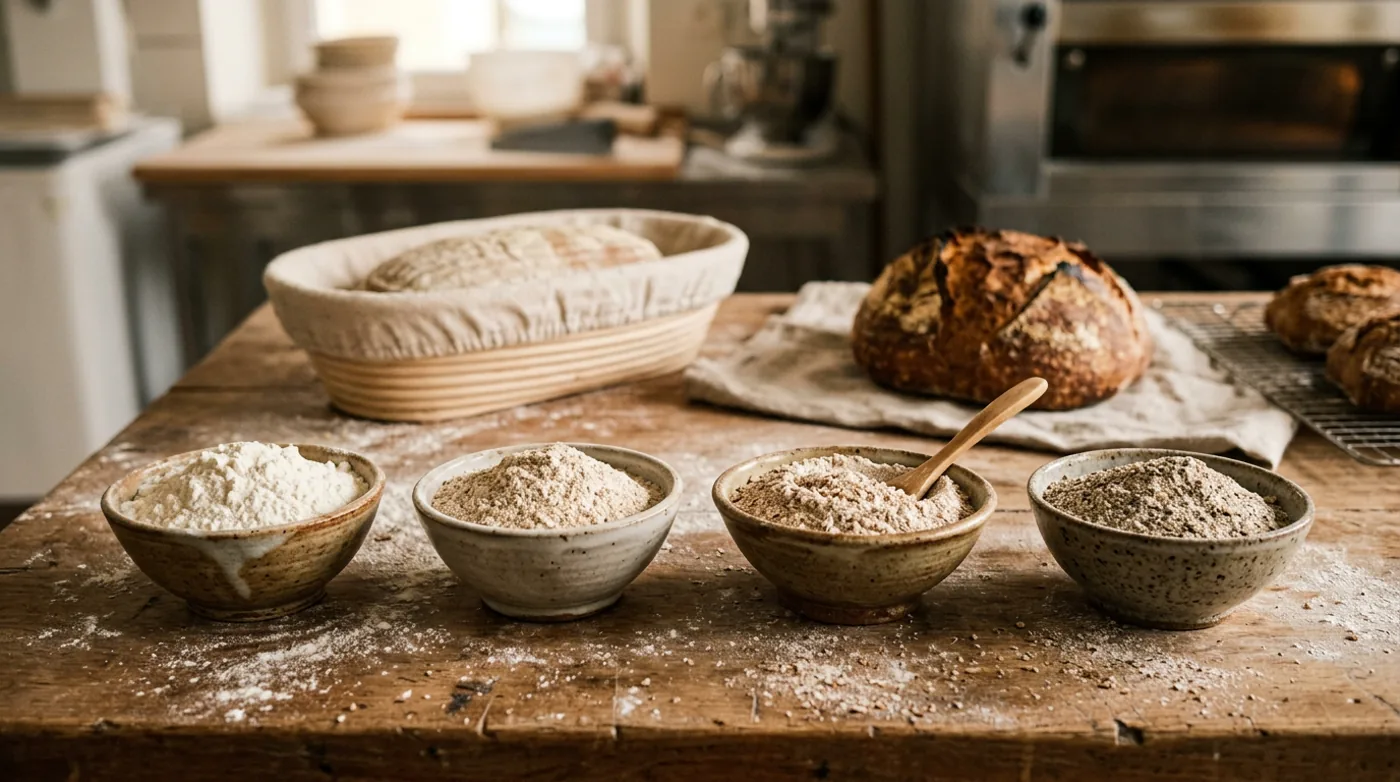 Bols de farines différentes sur un plan de travail de boulangerie maison