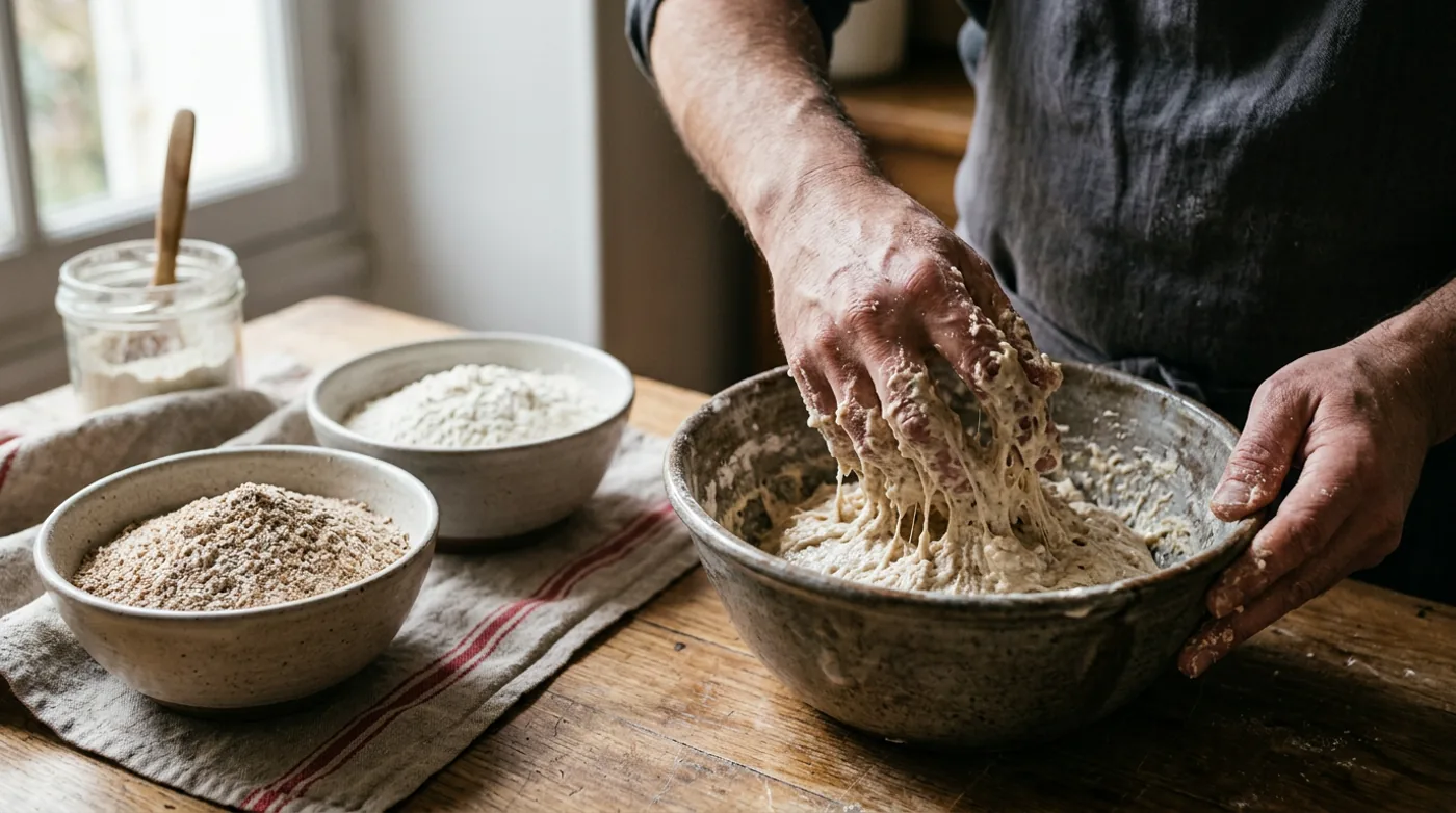 Pâte hydratée mélangée à la main avec bols de farines sur une table