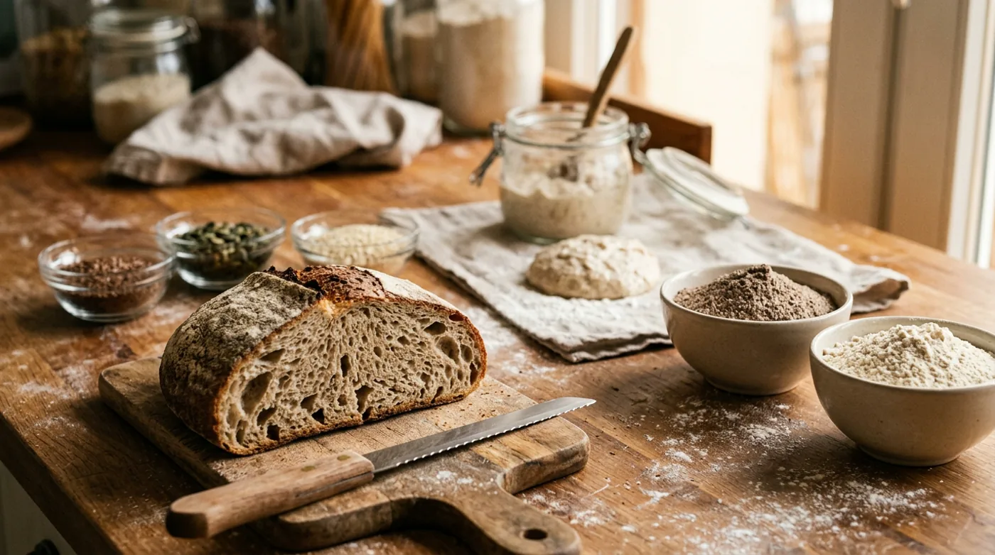 Pain de campagne coupé avec bols de farines et graines sur une table