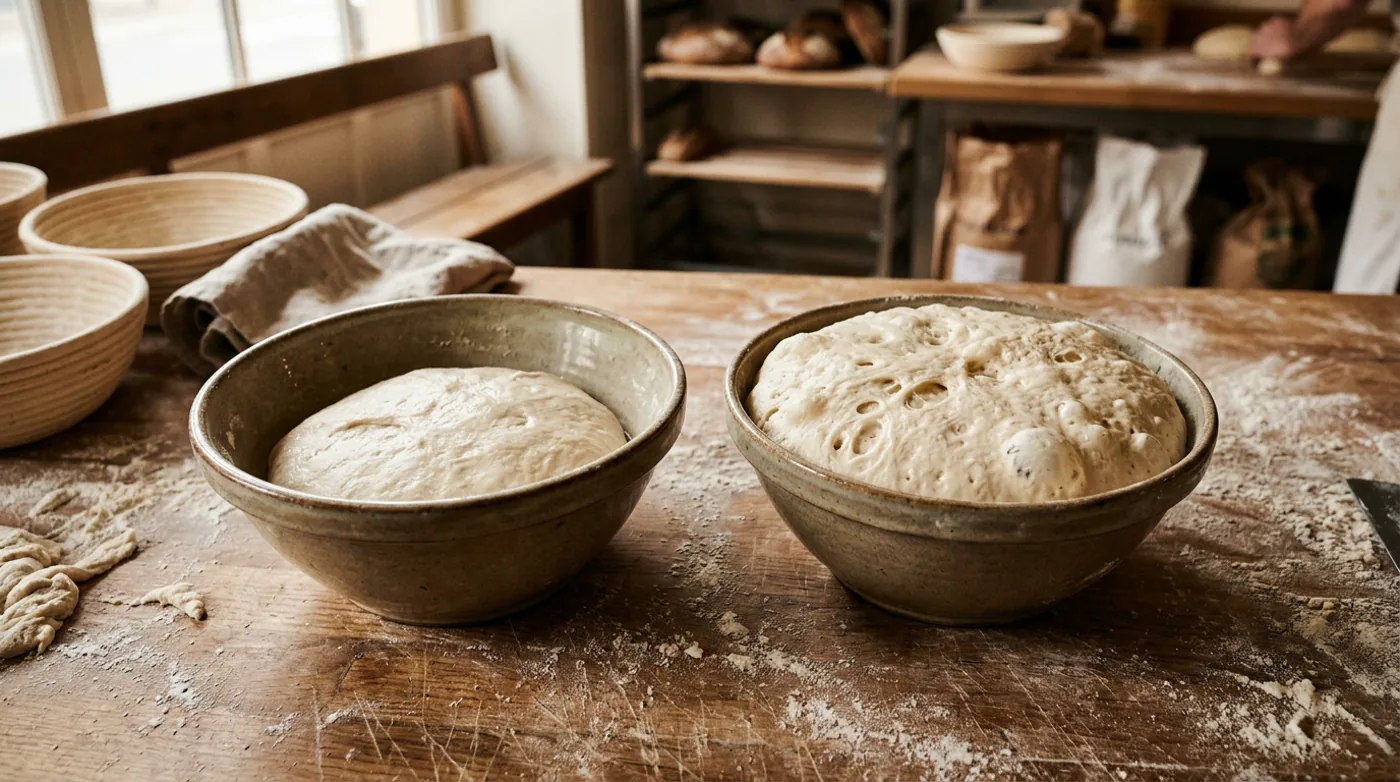 Deux pâtes à pain au levain montrant l’évolution avant et après pointage