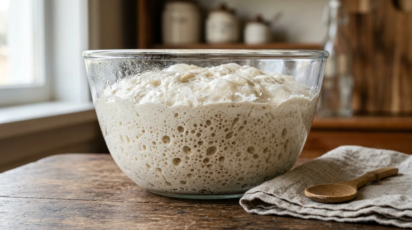 Pâte au levain en fermentation avec bulles visibles dans un bol transparent