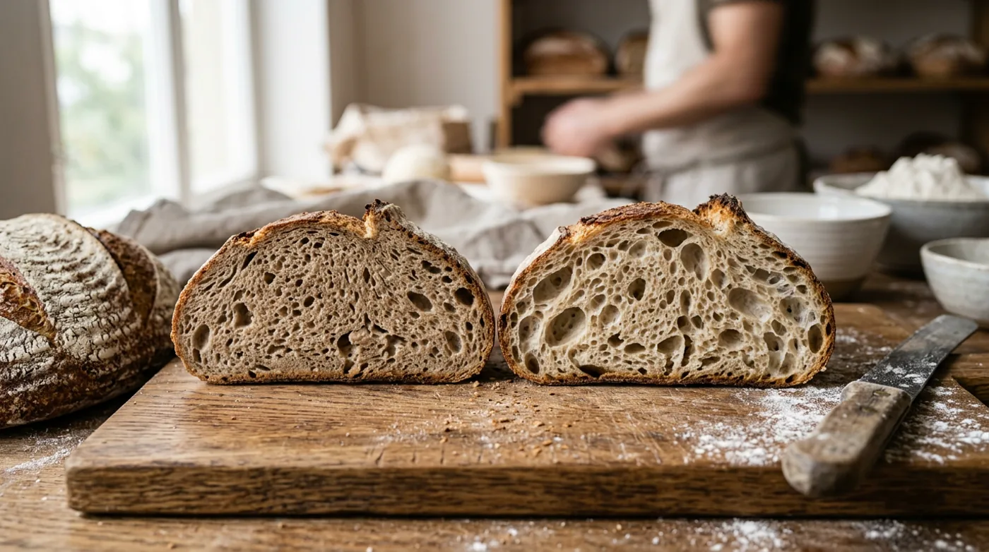 Pain au levain tranché montrant deux textures de mie différentes