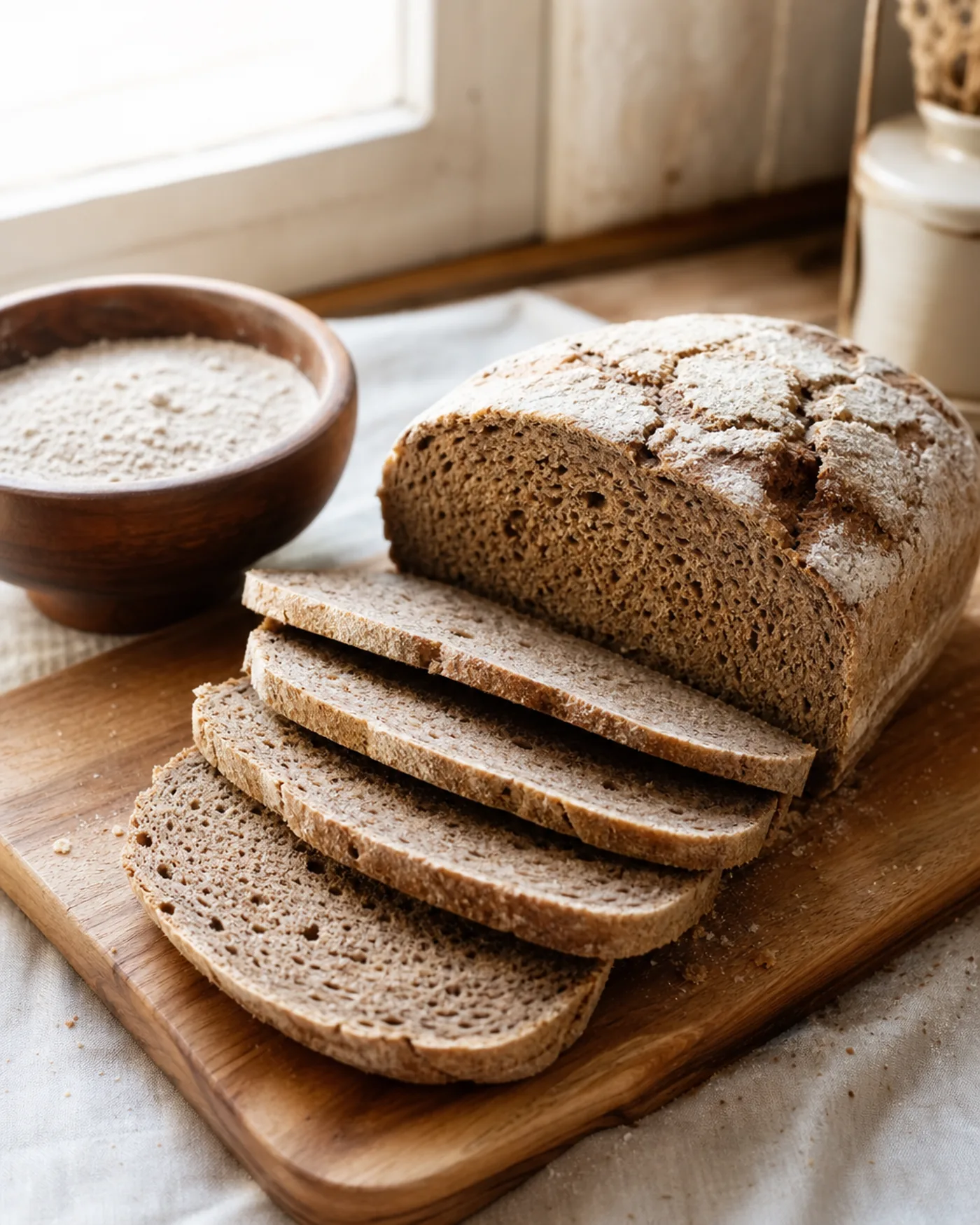 Pain de seigle maison tranché sur une planche avec un bol de farine à côté.