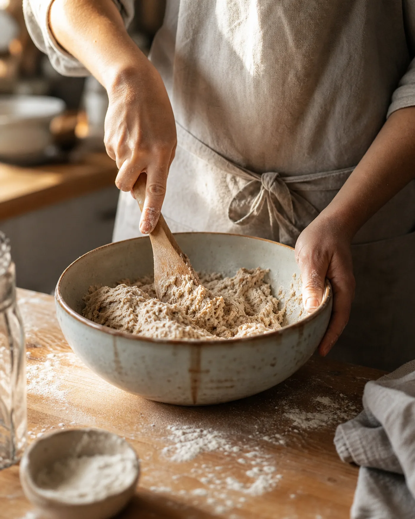 Pâte de seigle collante mélangée à la spatule dans un grand bol en céramique.