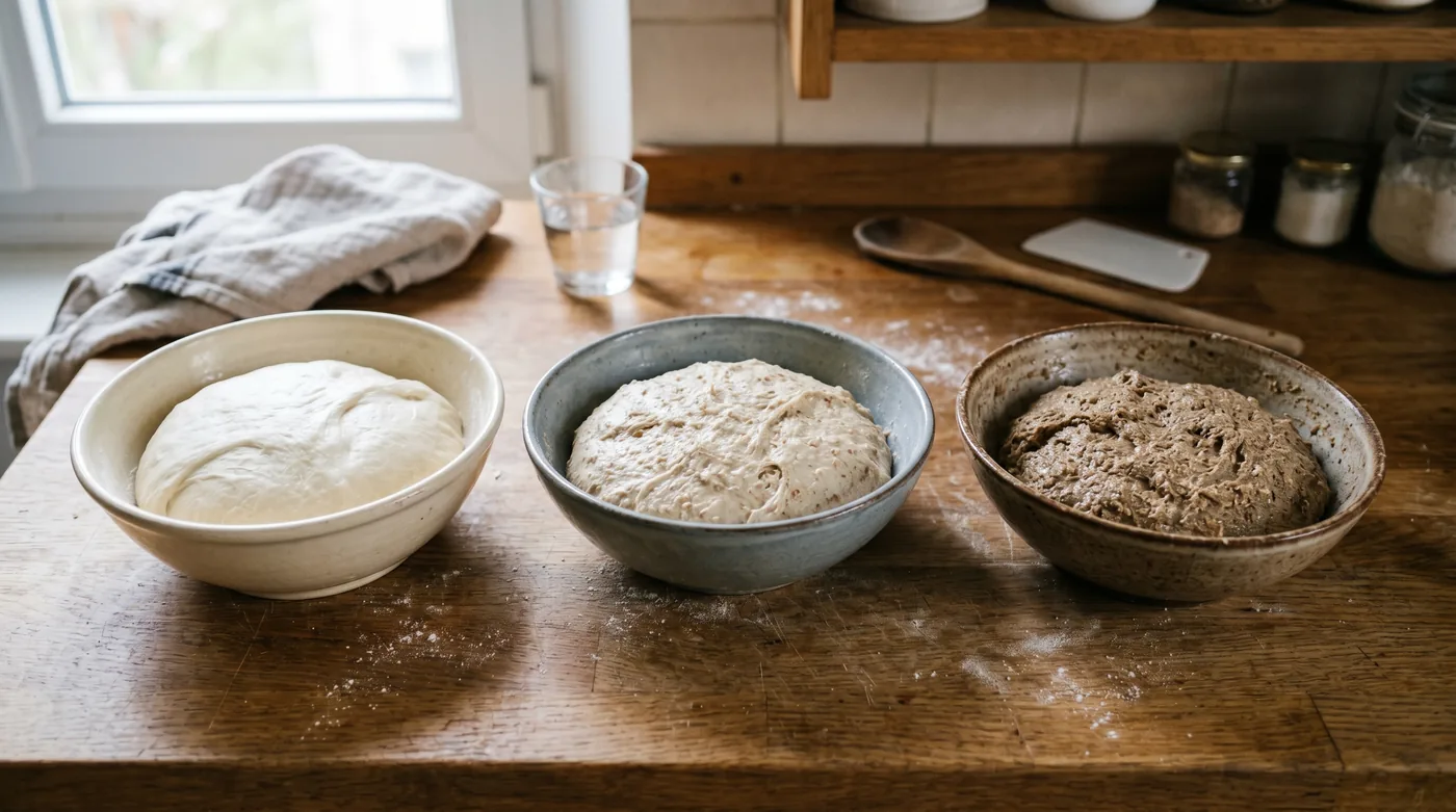 Trois pâtes à pain dans des bols séparés