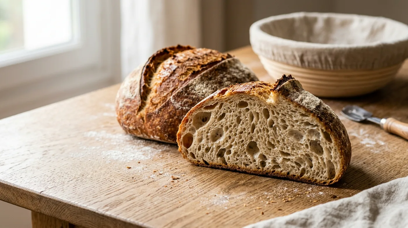 Pain au levain maison fraîchement coupé, avec mie alvéolée et croûte dorée sur une table en bois.