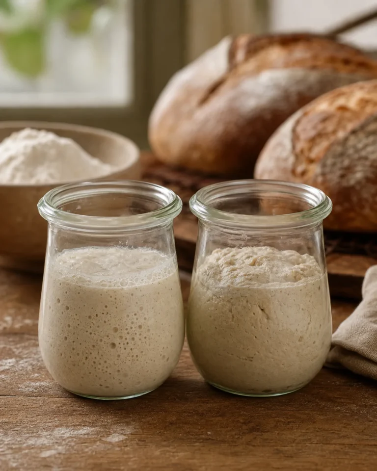 Deux bocaux de levain maison montrant la différence entre levain liquide et levain dur.