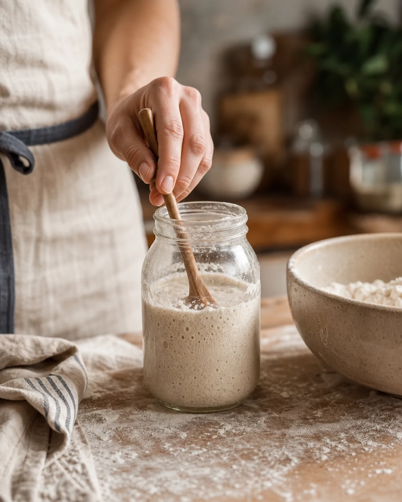 Levain liquide mélangé doucement dans un bocal avant de préparer une pâte à pain.