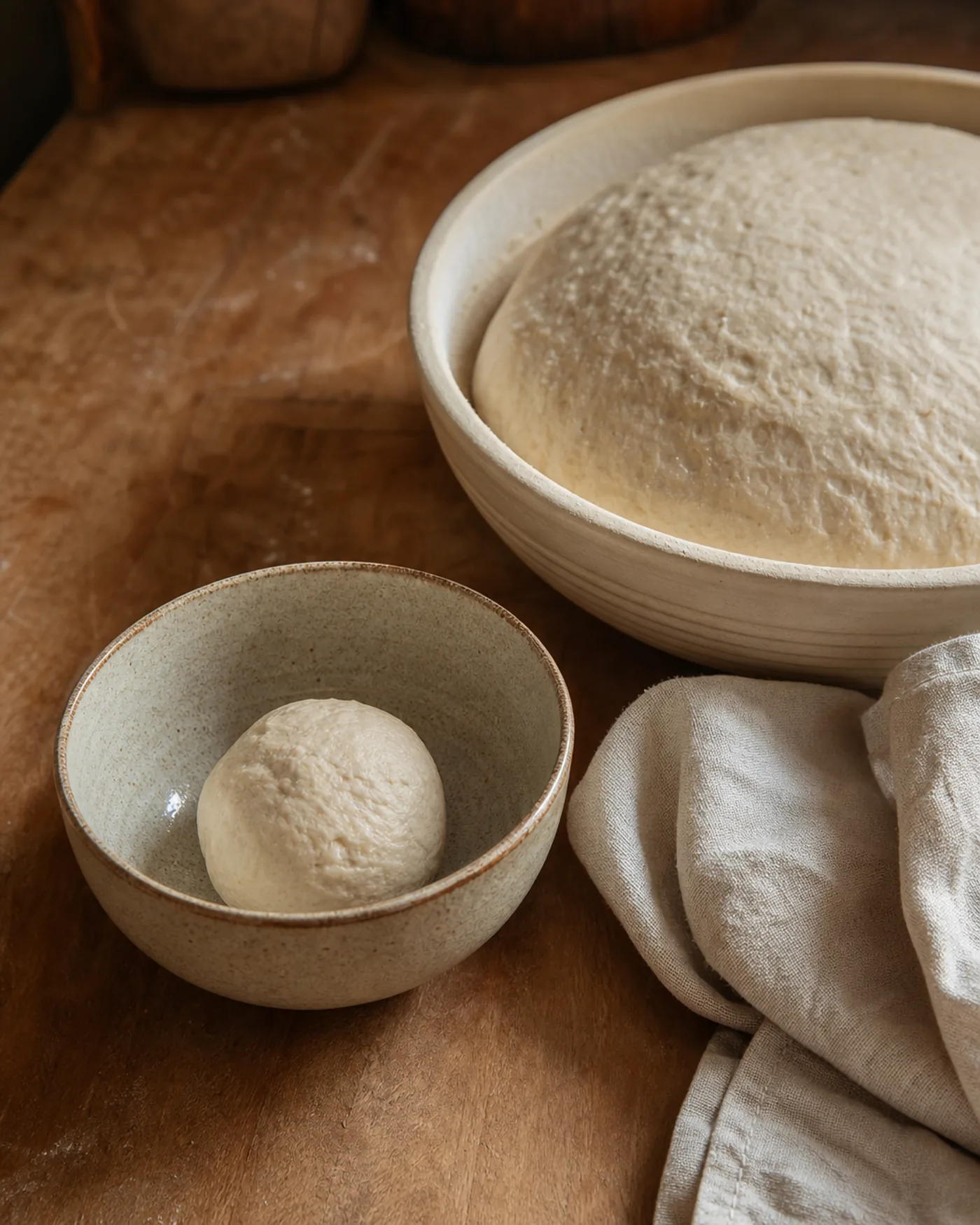 Levain dur en boule dans un bol à côté d’une pâte à pain en fermentation.