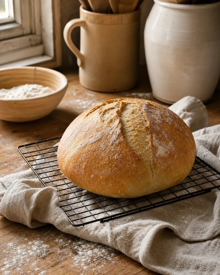 Pain maison sans machine refroidissant sur une grille dans une cuisine chaleureuse.