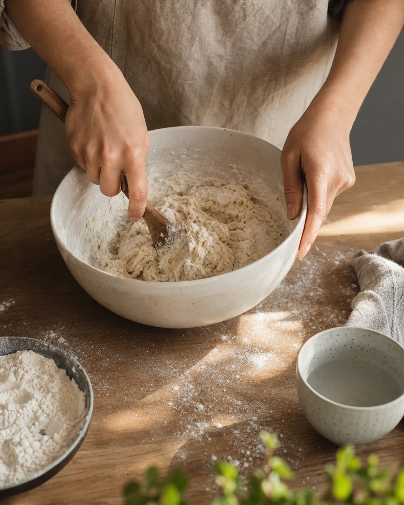Pâte à pain mélangée à la main dans un saladier pour une recette simple sans machine.