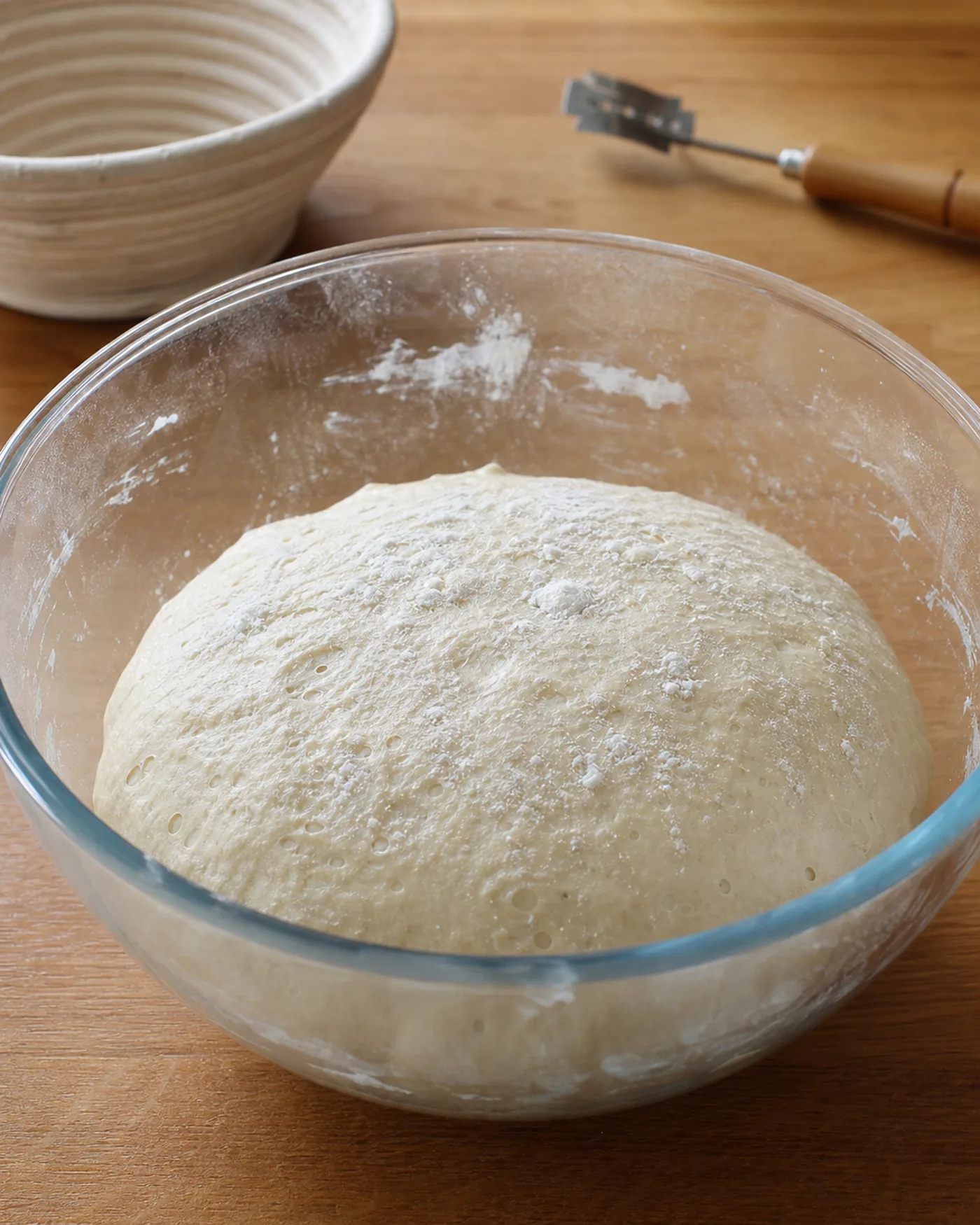 Pâton de pain maison en première pousse avec de petites bulles visibles en surface.
