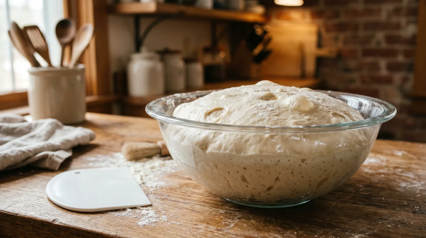 Pâton gonflé en fin de pointage dans un bol transparent sur un plan de travail fariné.