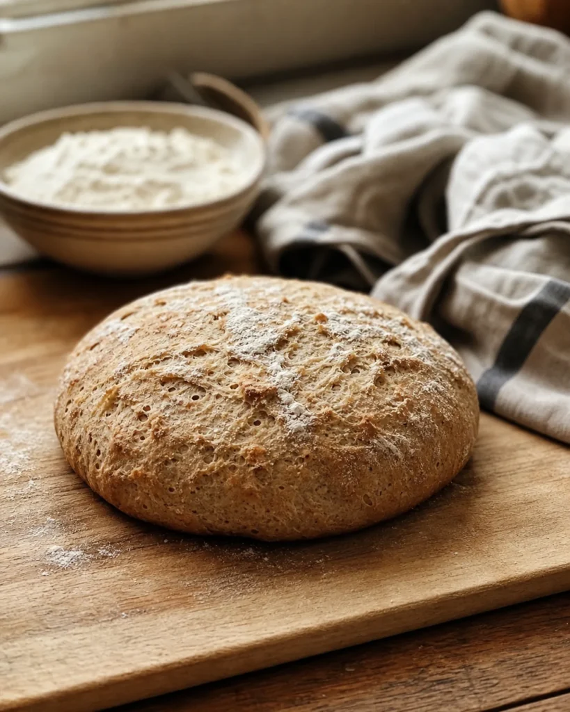 Pain maison peu levé sur une planche avec un bol de farine en arrière-plan.