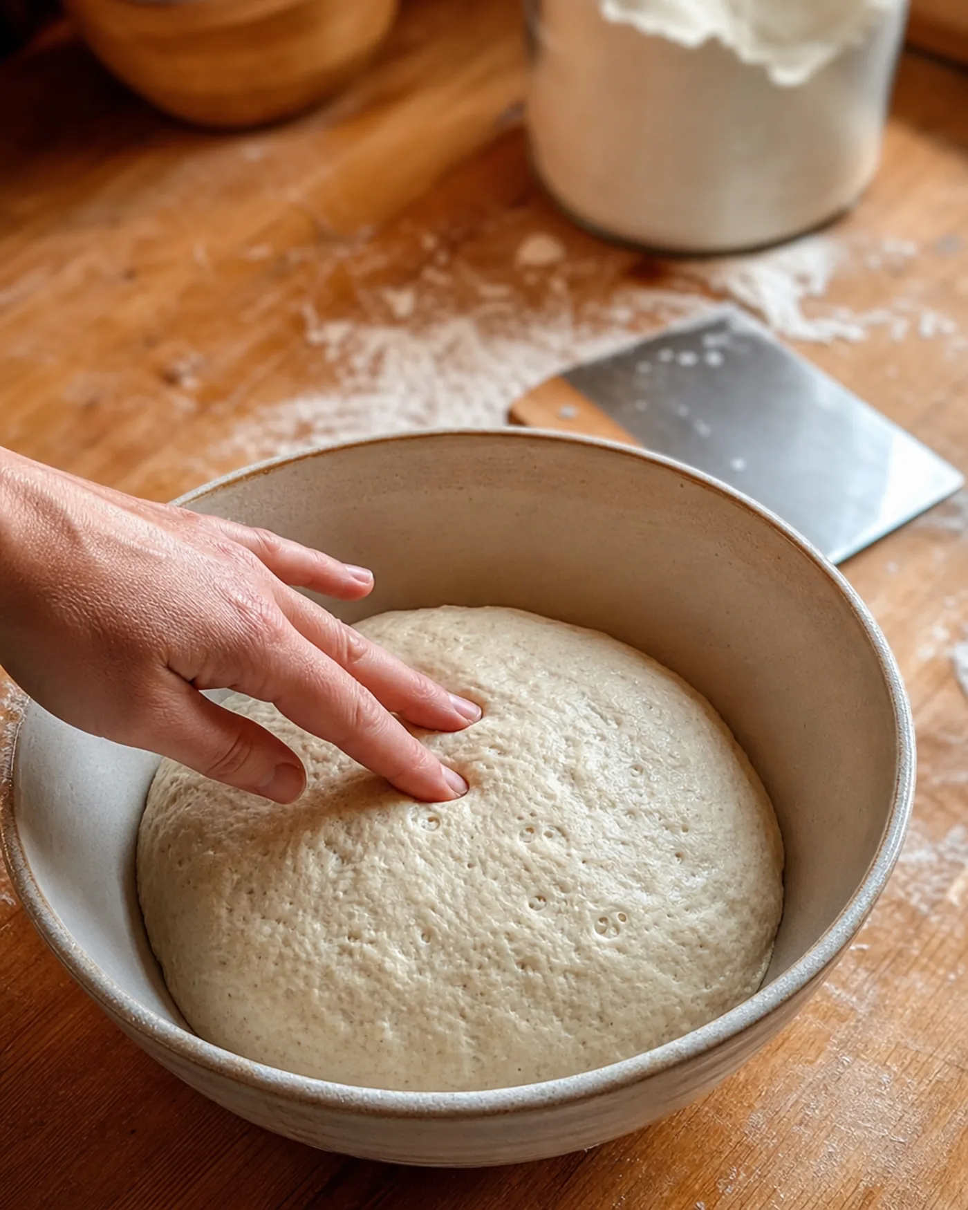 Main qui appuie doucement sur une pâte à pain pour observer sa fermentation.