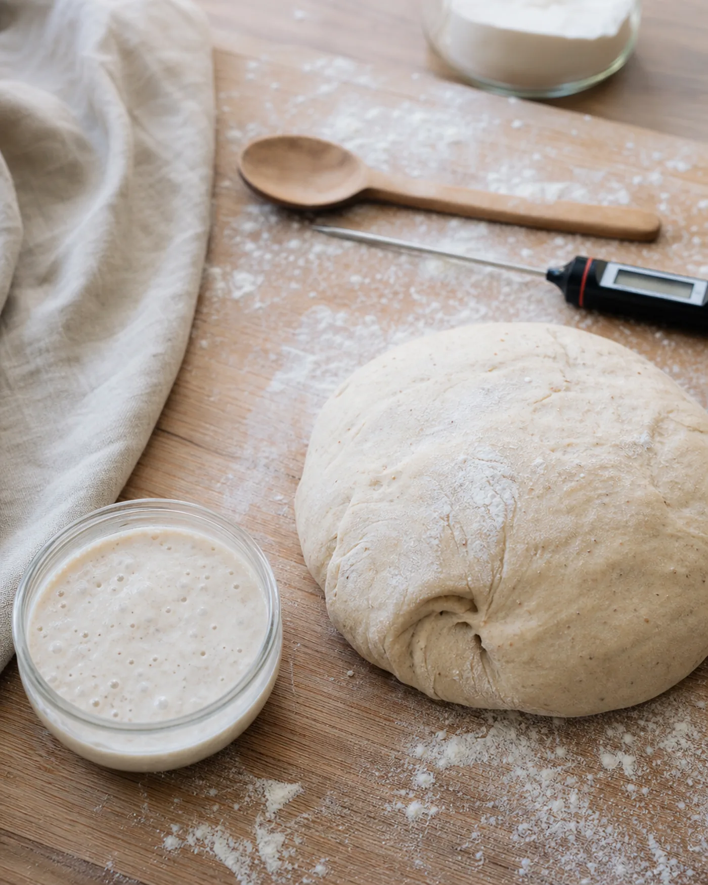 Pâte à pain, levain actif et thermomètre sur un plan de travail fariné.