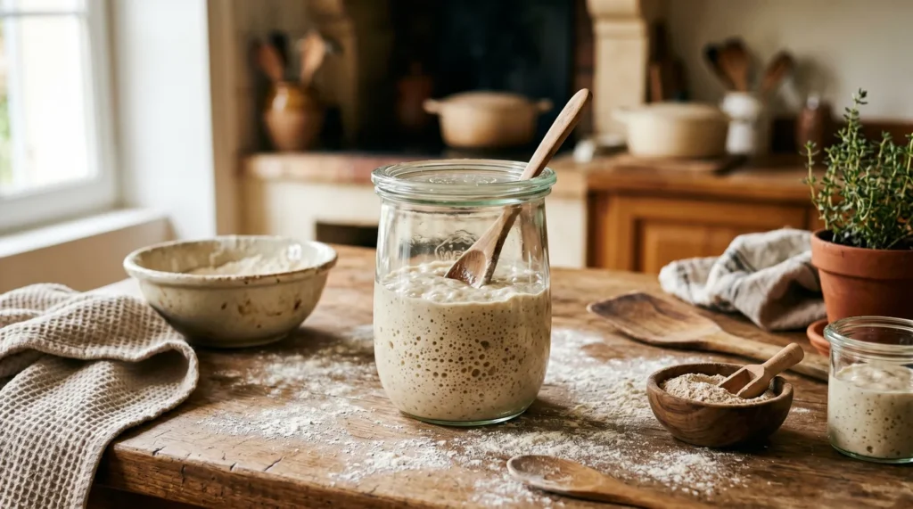 Bocal de levain naturel peu actif sur un plan de travail fariné