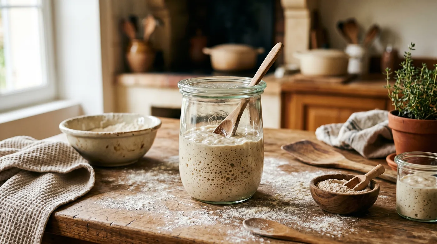 Bocal de levain naturel peu actif sur un plan de travail fariné