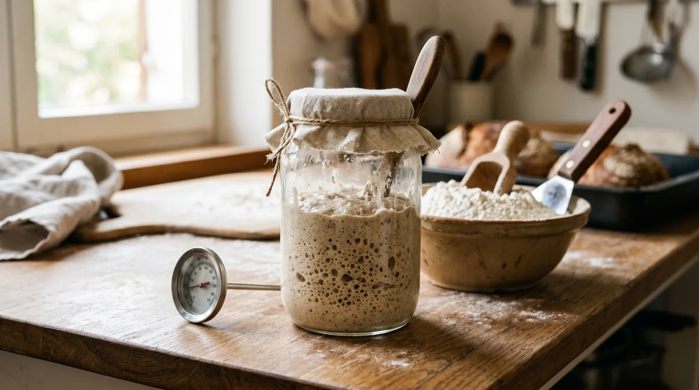 Bocal de levain près d’un thermomètre de cuisine