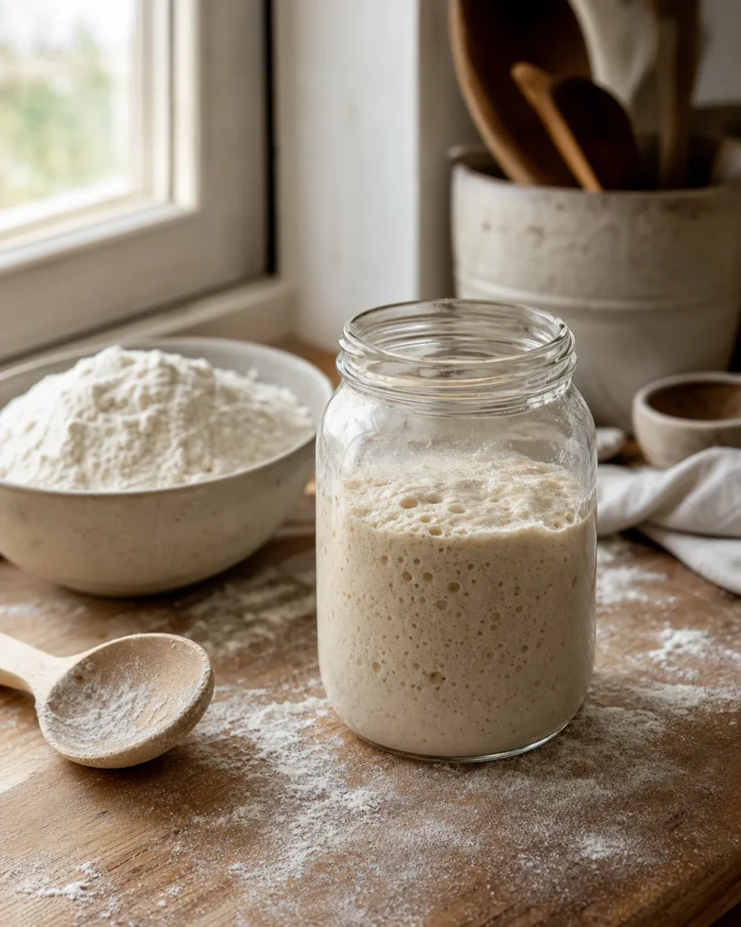Bocal de levain actif sur un plan de travail fariné avec un bol de farine.