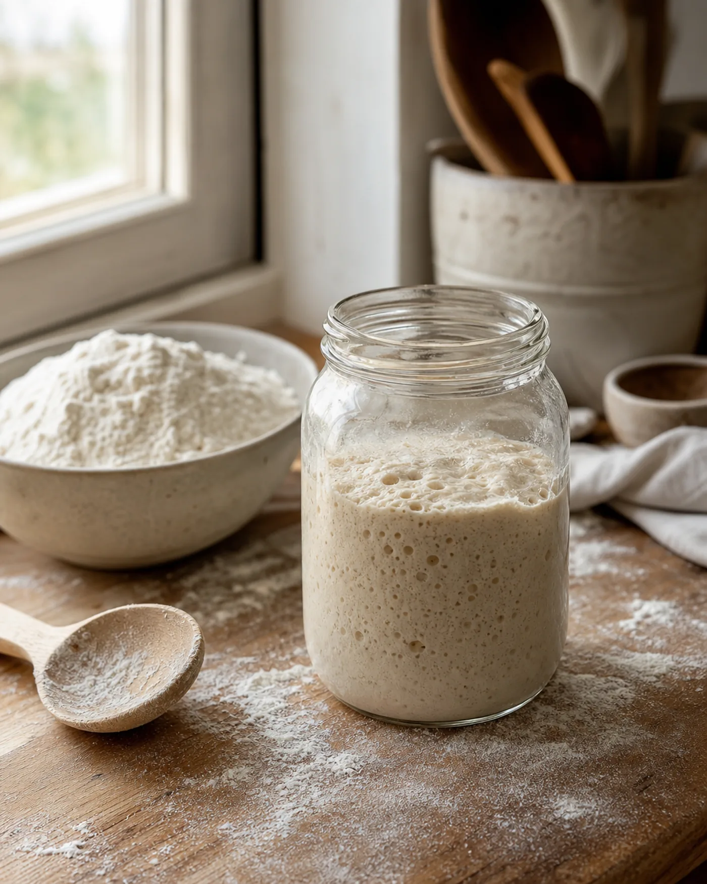 Bocal de levain actif sur un plan de travail fariné avec un bol de farine.