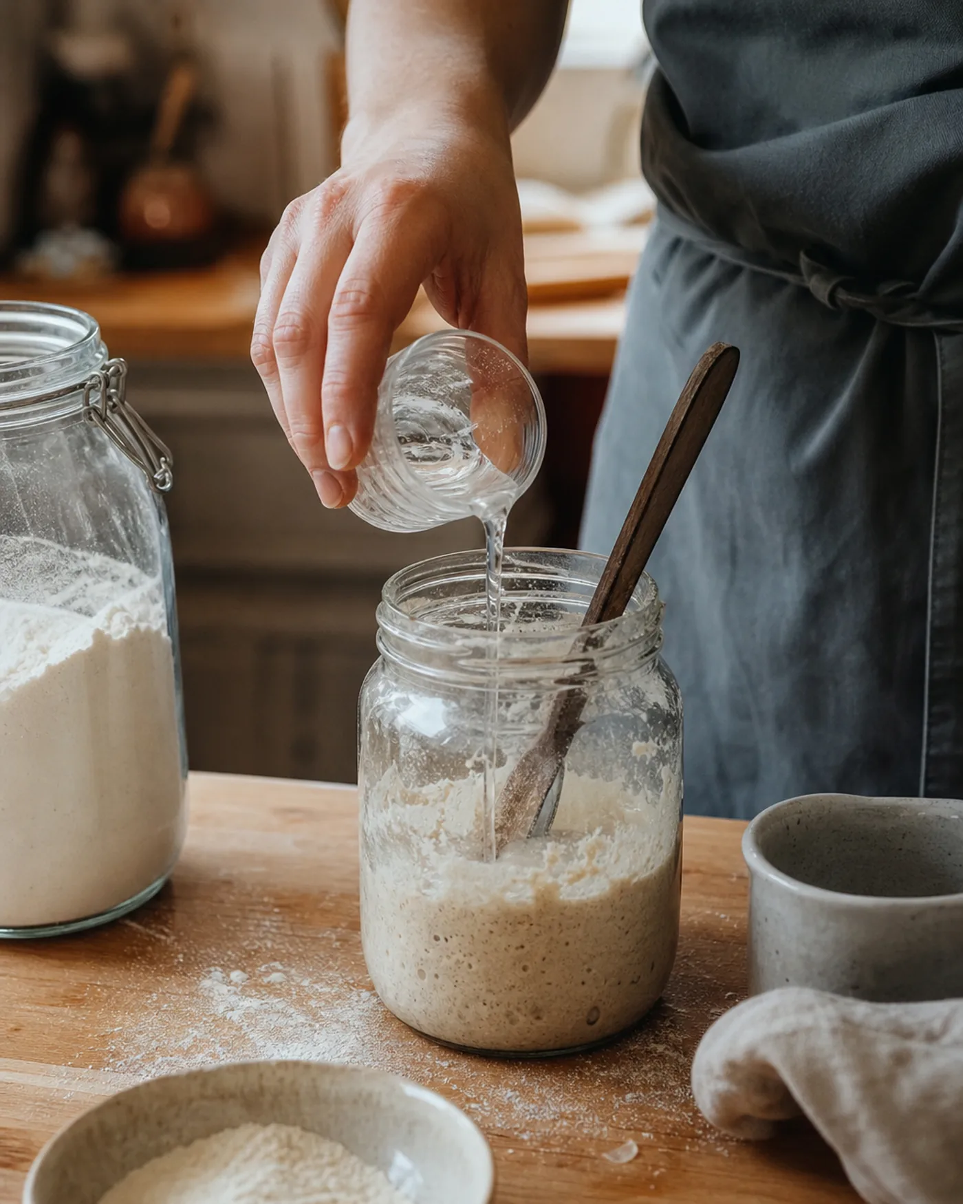 Main qui ajoute de l’eau dans un bocal de levain pendant un rafraîchi.