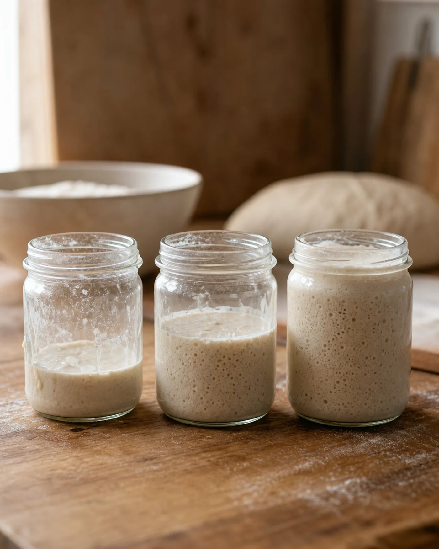 Trois bocaux de levain montrant des niveaux de pousse différents.