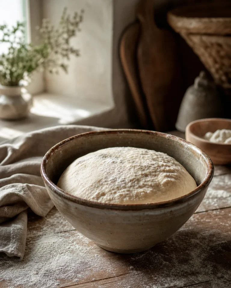 Pâte à pain reposant dans un bol en céramique sur une table en bois farinée, lumière naturelle douce, boulangerie maison