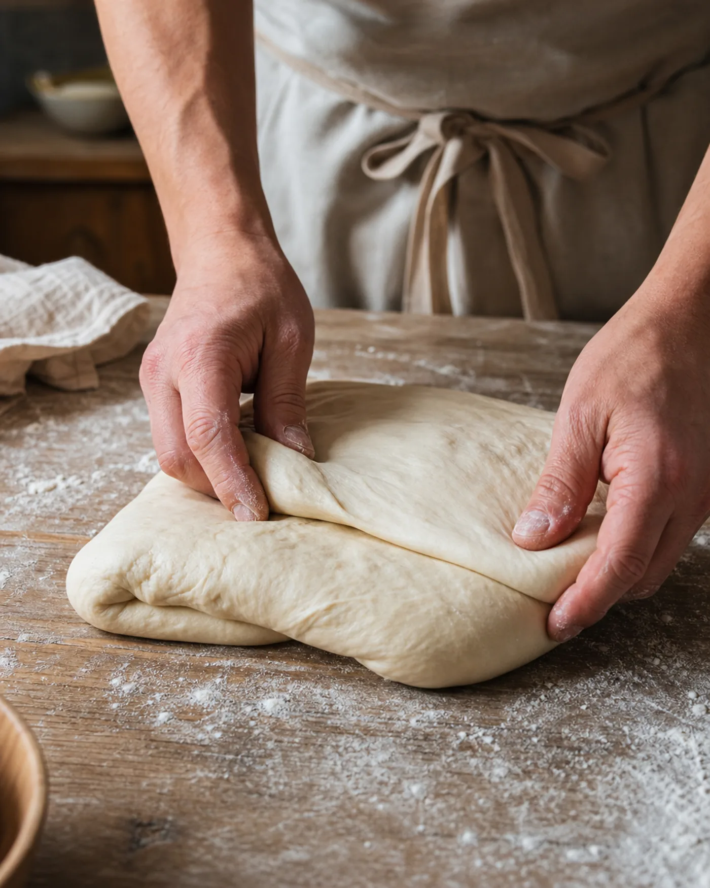 Mains d'un boulanger repliant une pâte reposée sur un plan de travail fariné, geste naturel et précis