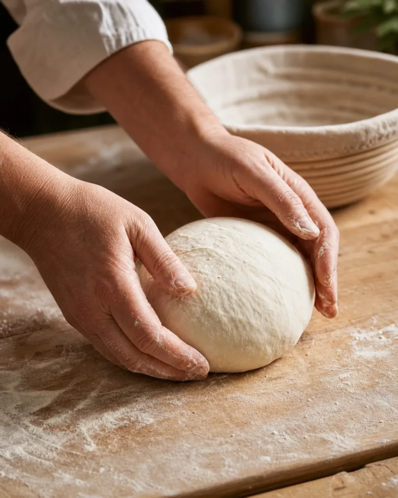 Boule de pâte à pain façonnée doucement sur un plan de travail fariné