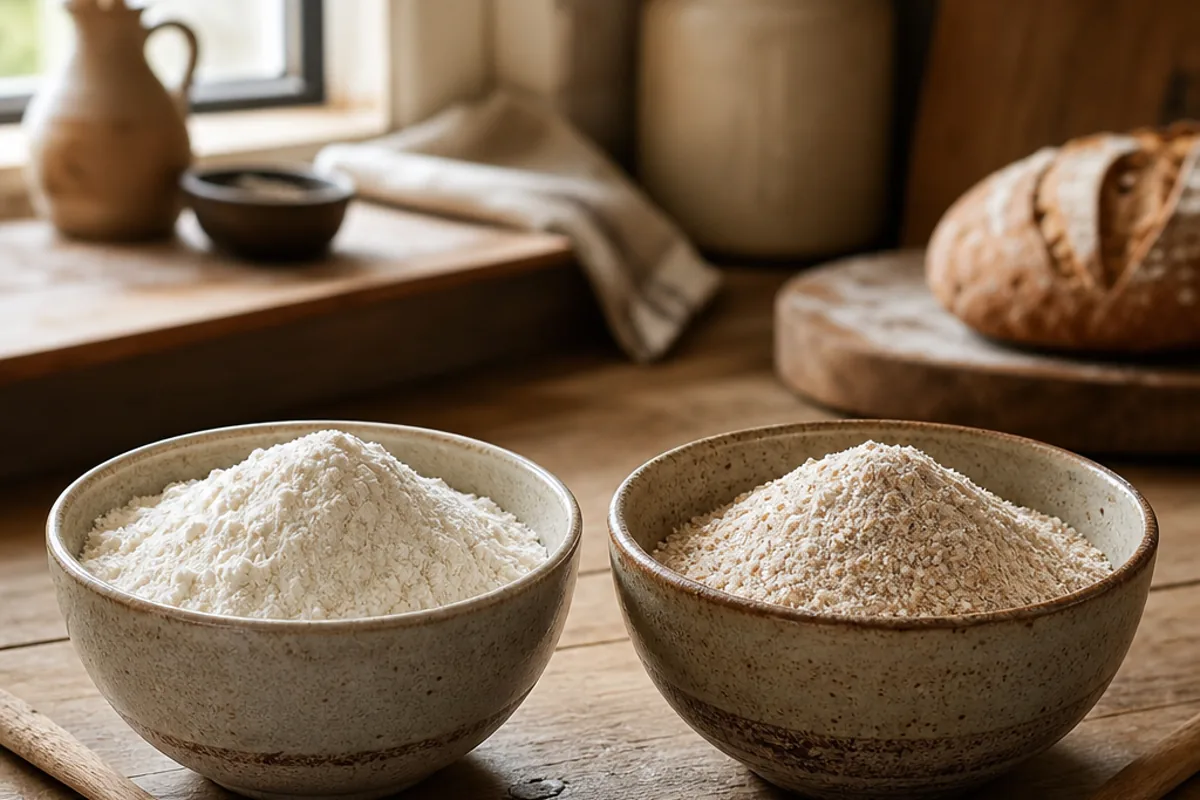 Comparaison entre farine blanche et farine complète dans deux bols en céramique