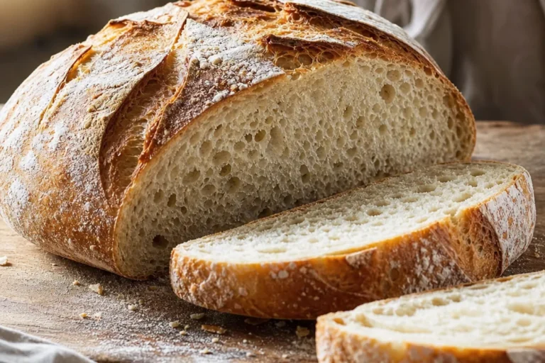 Pain complet artisanal coupé, mie dense visible, croûte dorée farinée sur une planche en bois rustique, lumière naturelle de cuisine domestique, style boulangerie maison chaleureuse