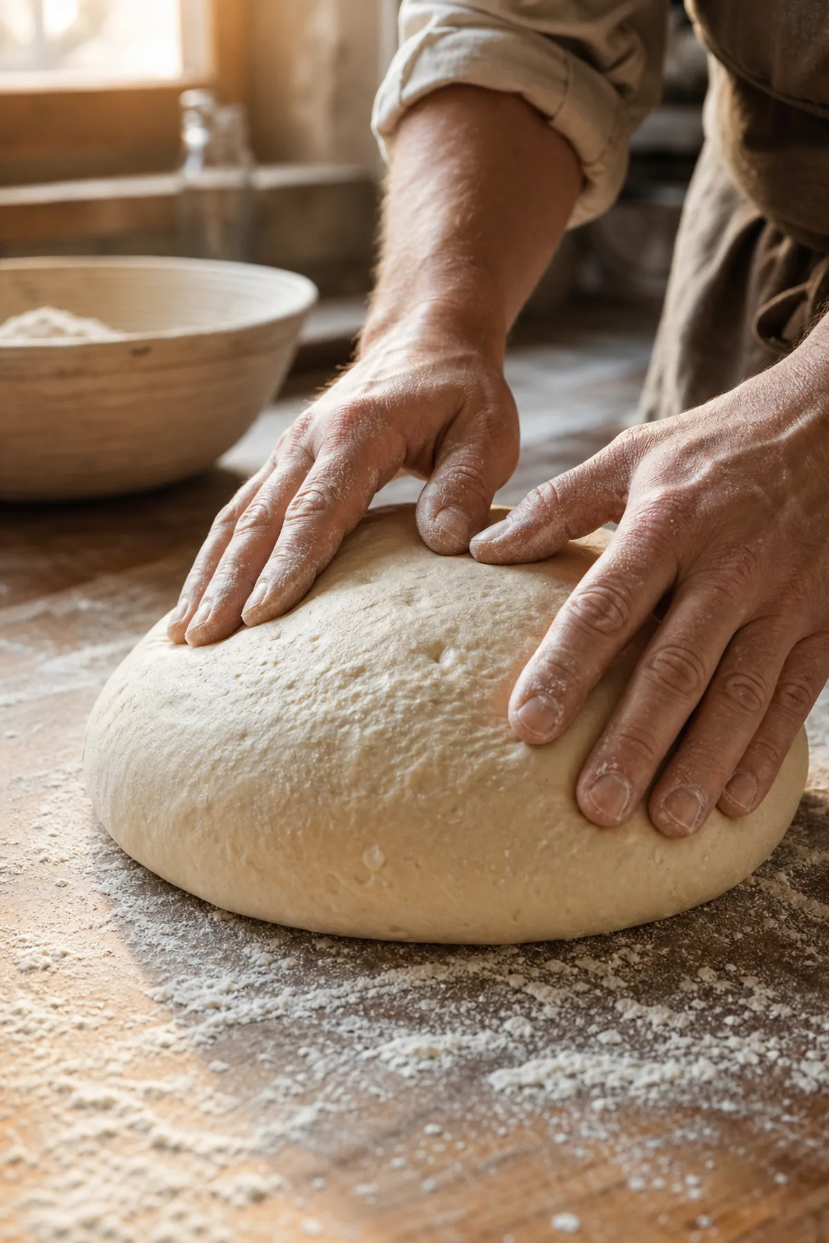 Main d un boulanger pressant une boule de pate au levain sur un plan de travail farine