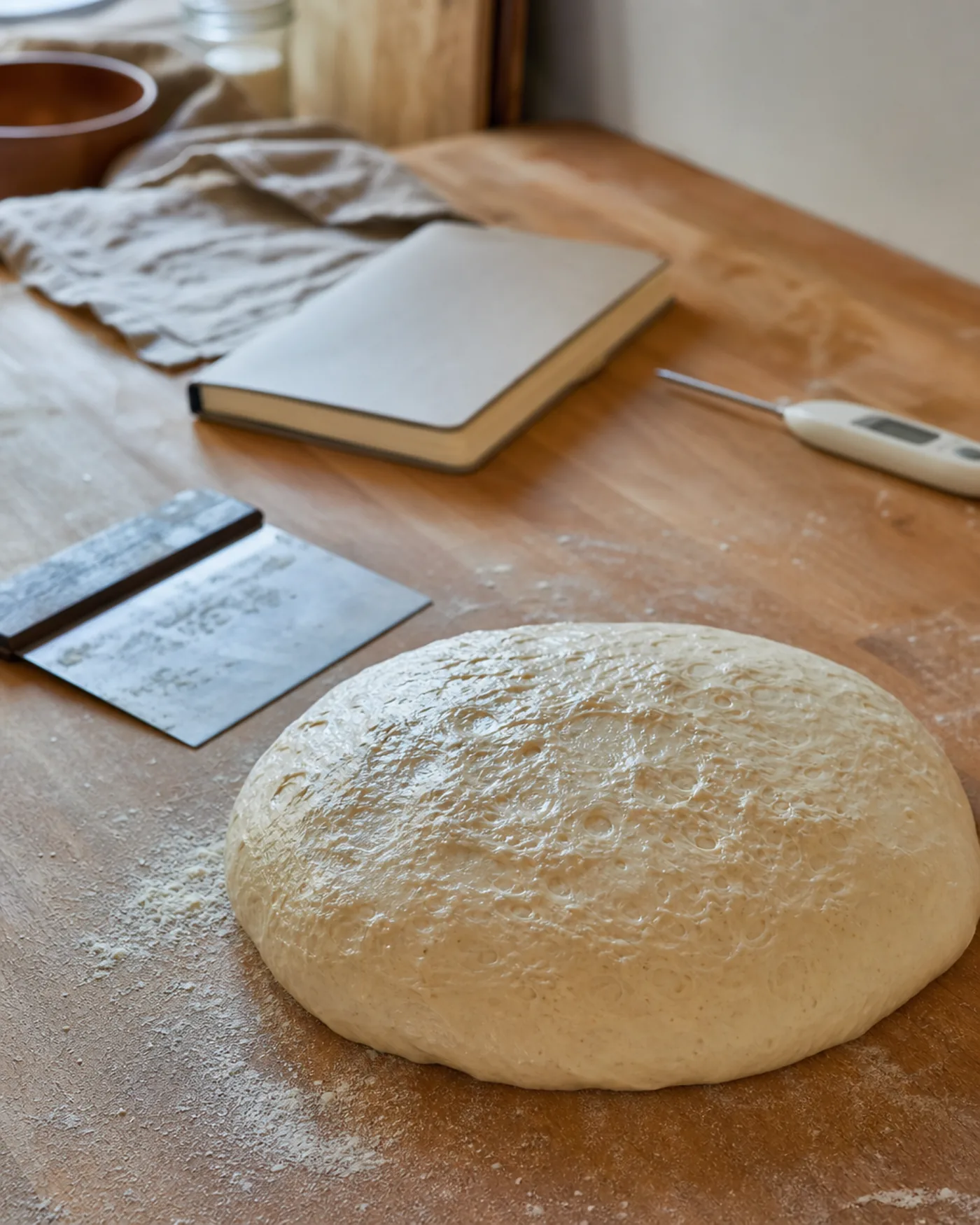Pâte au levain détendue sur le plan de travail après une nuit au froid