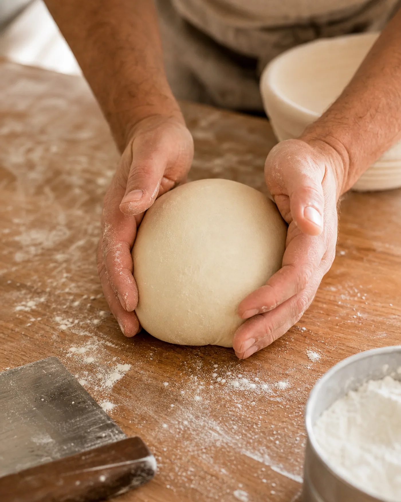Geste de façonnage d’une boule de pain avec les mains autour de la pâte