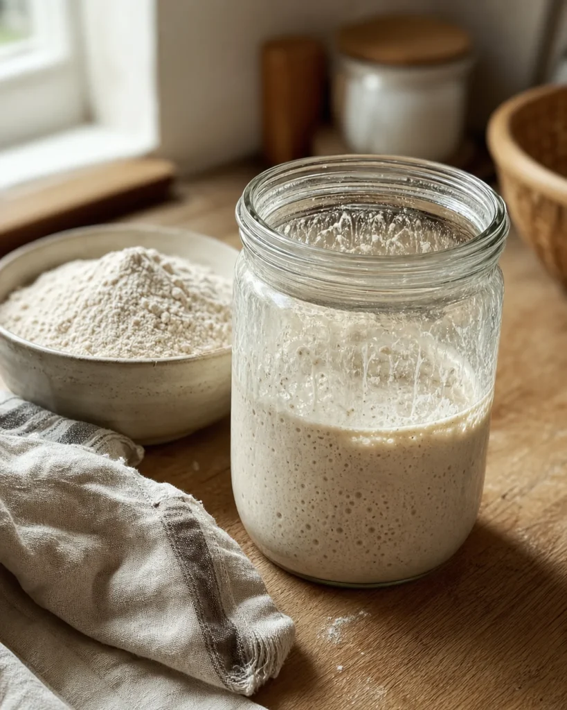 Bocal de levain naturel avec bulles sur un plan de travail de boulangerie maison