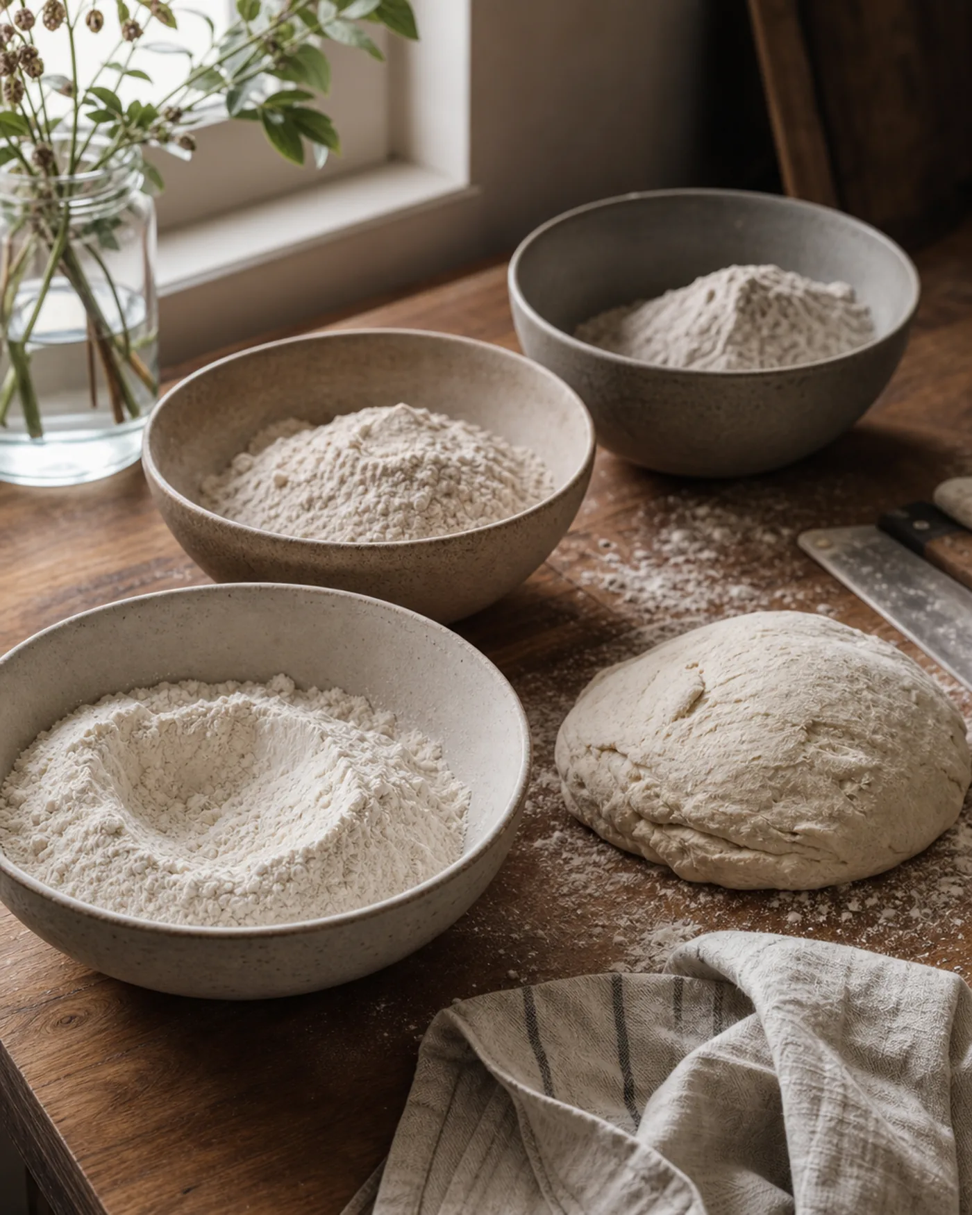 Bols de farines différentes et pâte à pain sur un plan de travail en bois