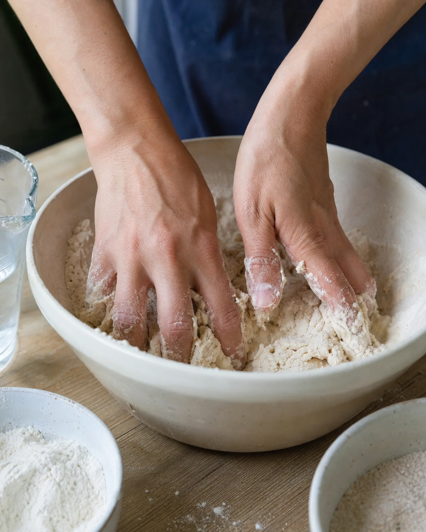 Mains qui mélangent farine et eau dans un saladier pour observer la texture de la pâte