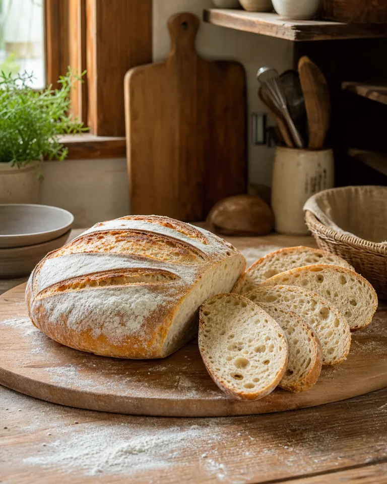 Pain artisanal légèrement étalé sur une planche en bois, croûte dorée, farine éparpillée