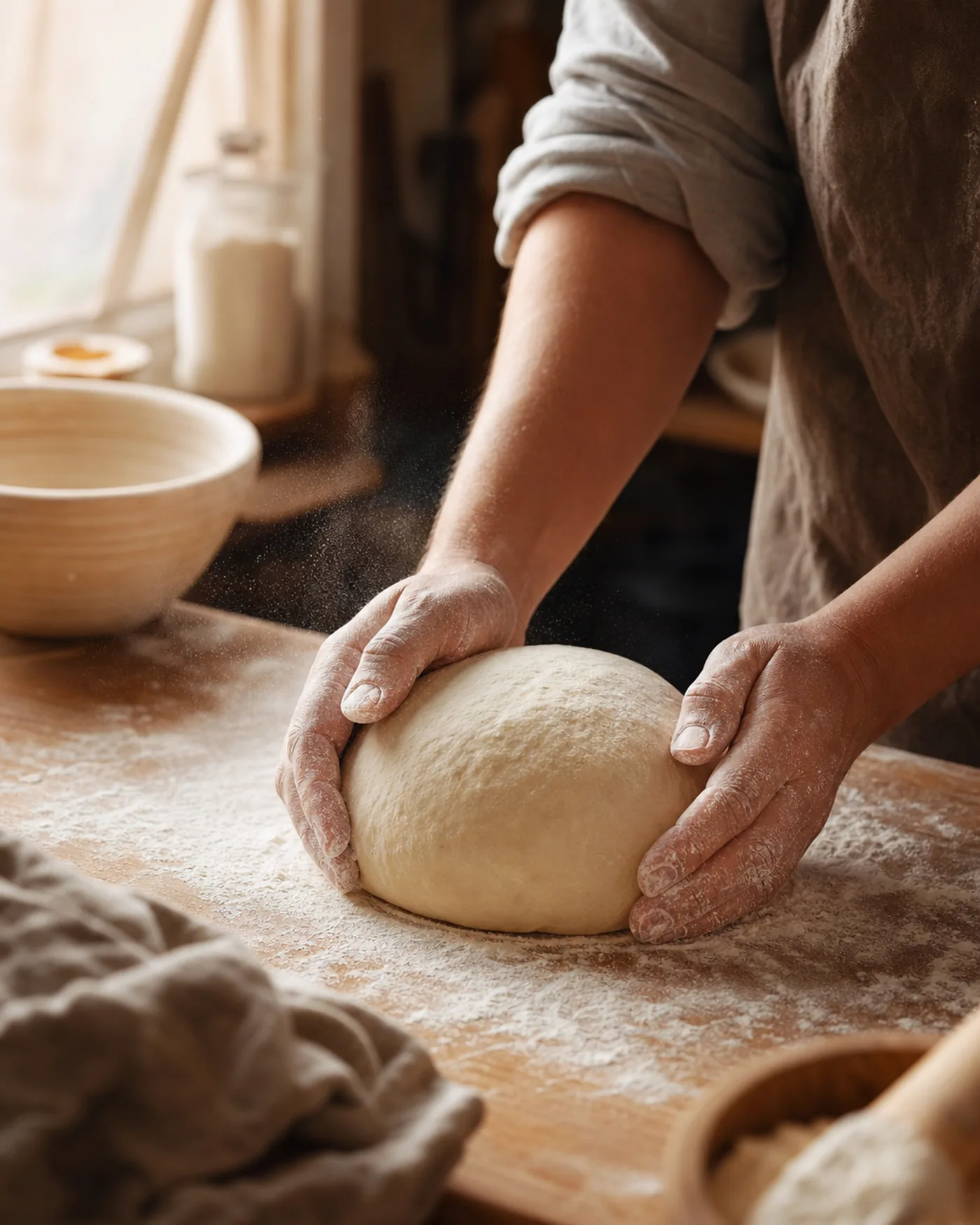 Mains de boulanger façonnant une boule de pâte sur une table farinée, lumière naturelle