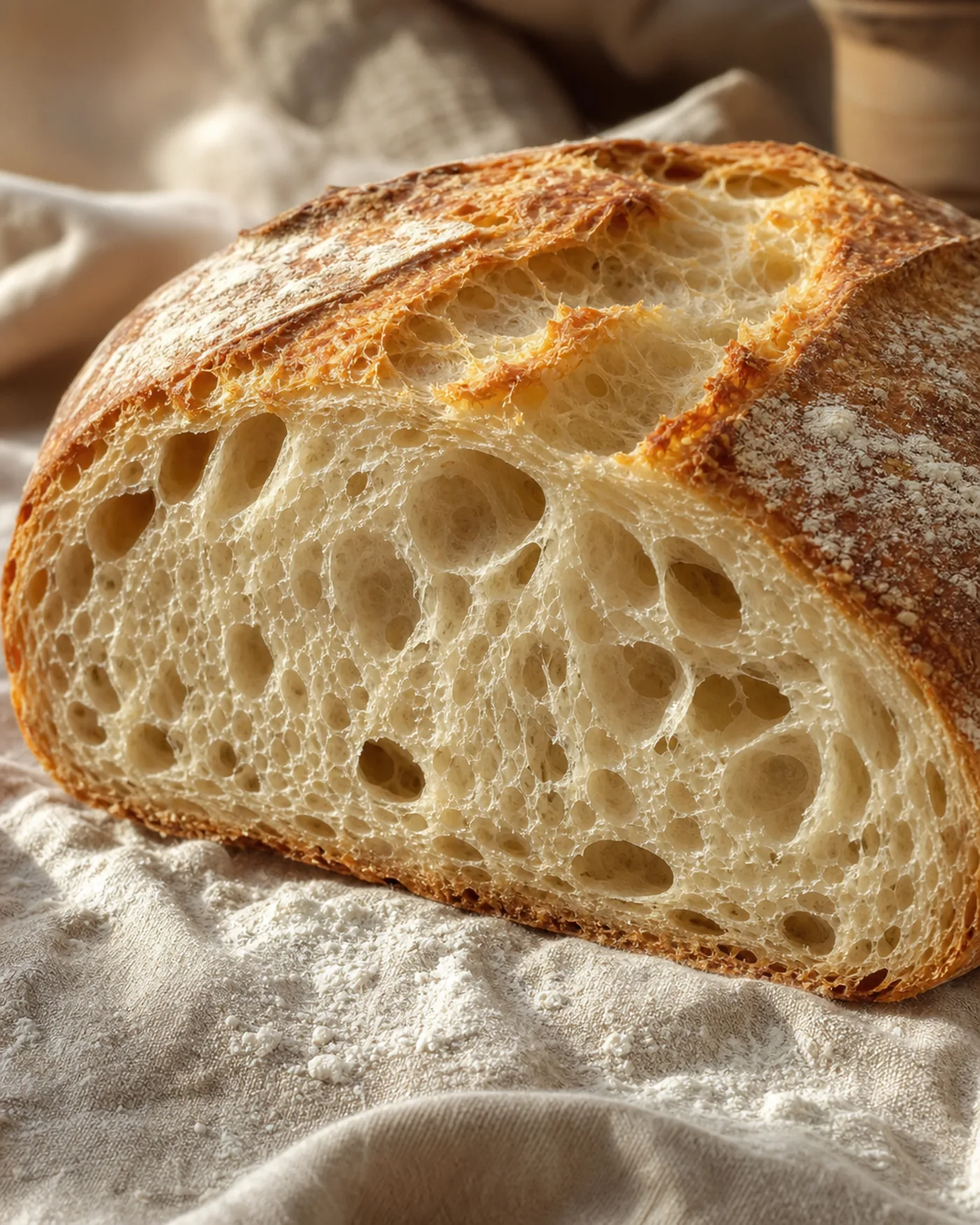 Tranche de pain artisanal montrant une mie aérée avec des alvéoles irrégulières