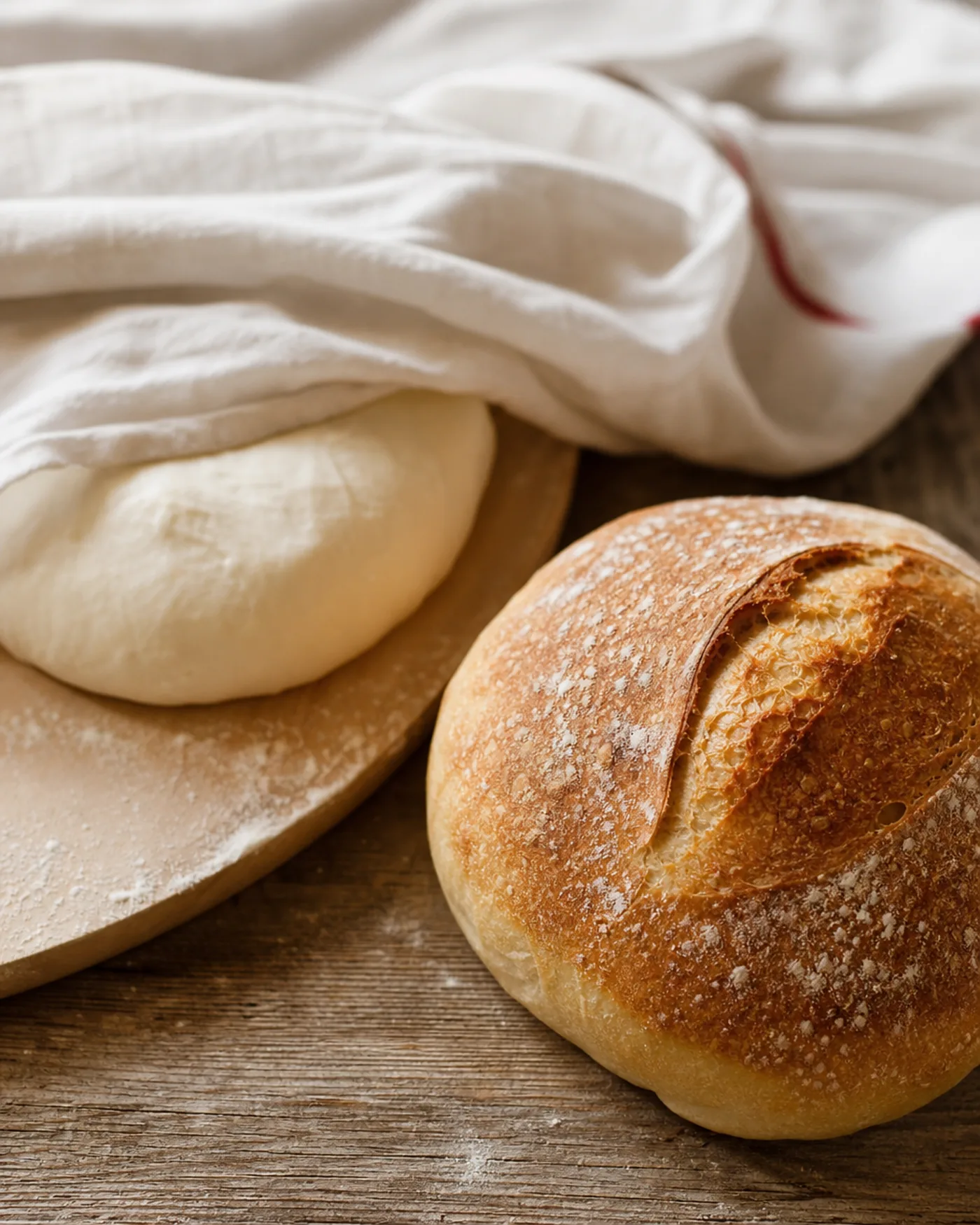 Pain boule cuit et pâte façonnée au repos sous un linge