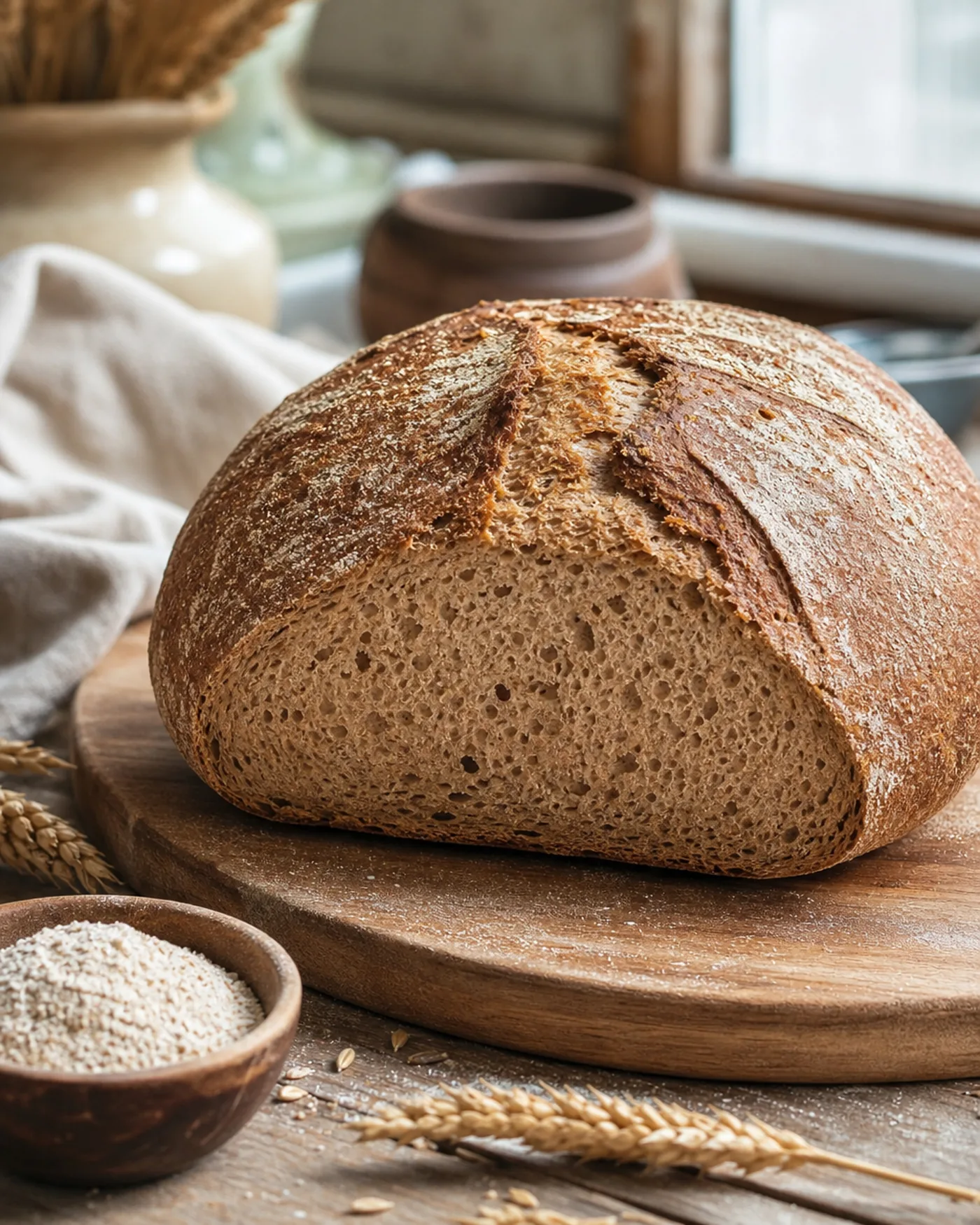 Pain complet maison coupé montrant une mie souple et une croûte rustique